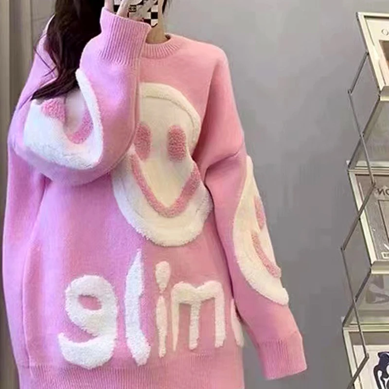 Loose Sweater Female Fall Winter 2024 Kawaii Sweet Commuter Pullover Flocking Embroidery Smiling Face Letter Oneck Top Sweaters