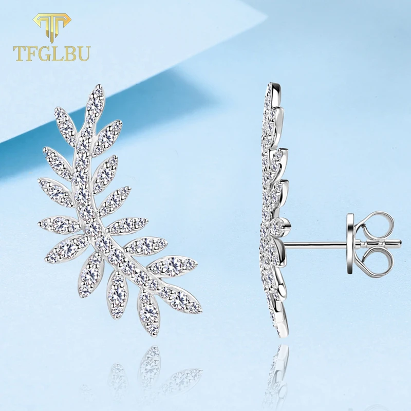 

TFGLBU Trendy Leaf Full Moissanite Stud Earrings for Women Sparking Ear 100% Solid 925 Silver Diamond Party Wedding Gift Jewelry