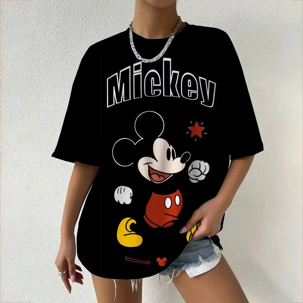 المرأة تي شيرت ديزني ميكي ميني ماوس لطيف الكرتون طباعة الصيف عادية القطن قصير الأكمام المحملة موضة الشارع الشهير Y2k القمم