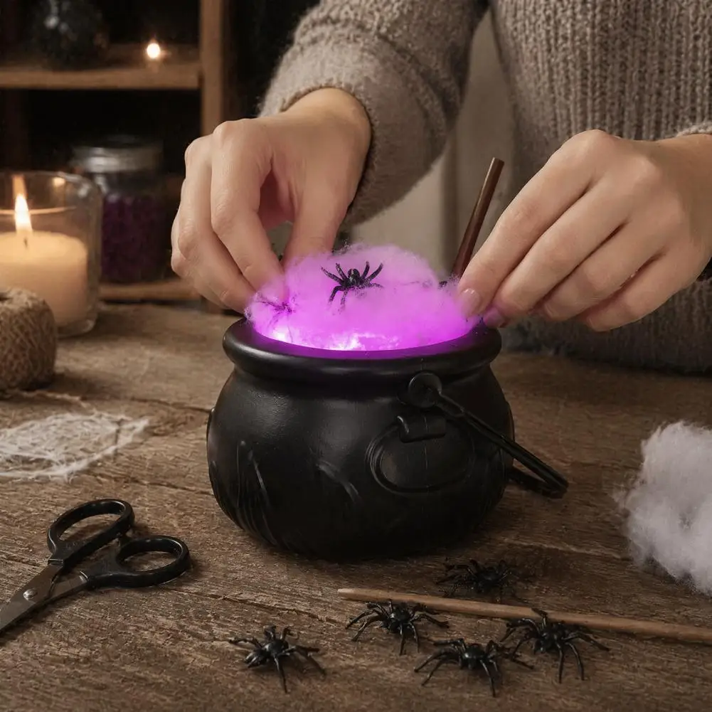 Desktop Haunted House Ornaments Halloween Witch Cauldron Decor Halloween Light Up Witch Cauldron Diy Set Glowing Black Plastic