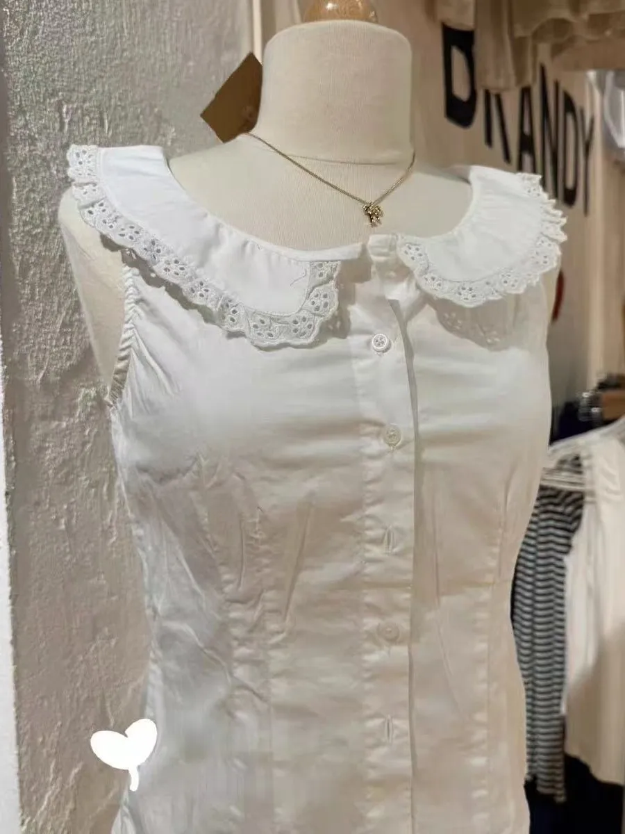 

White Lace Trim Button Tank Tops Women Summer New Streetwear Slim Cotton Crop Top Female Sweet Casual Preppy Style T-shirts Y2K