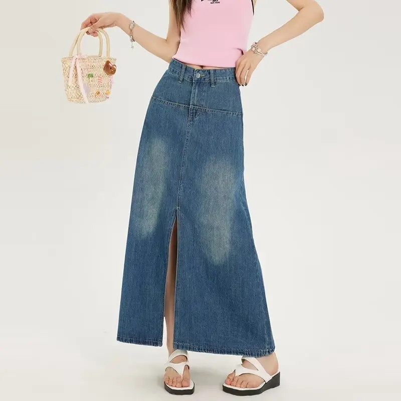 デニムスカート レディース アメリカン トレンド ダメージ加工 秋 Aライン ホットガール スリット ハイウエスト ストレート ラップ ヒップデザイン 気質 Y2K