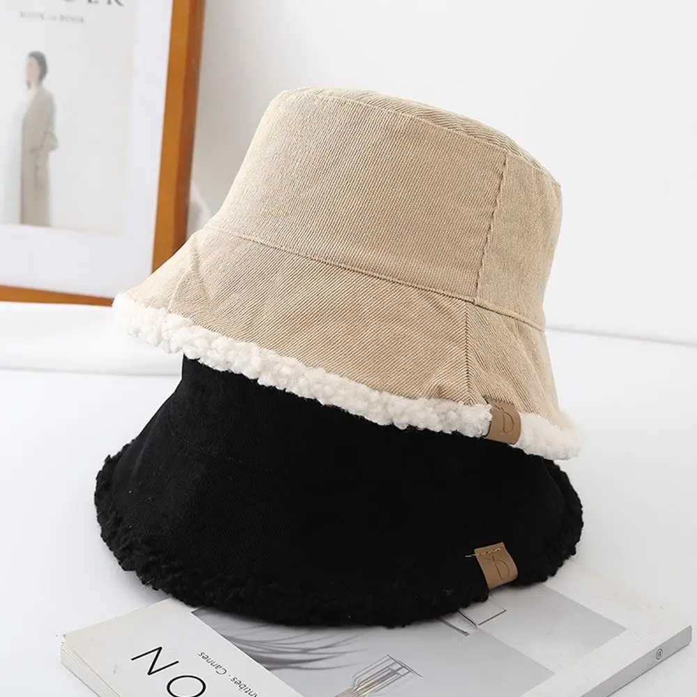 Trendy Lambswool Winter Bucket Hat Thickened Warm Fisherman Cap Soft Corduroy Beanies Cap for Casual Trips Sports Skiing Women