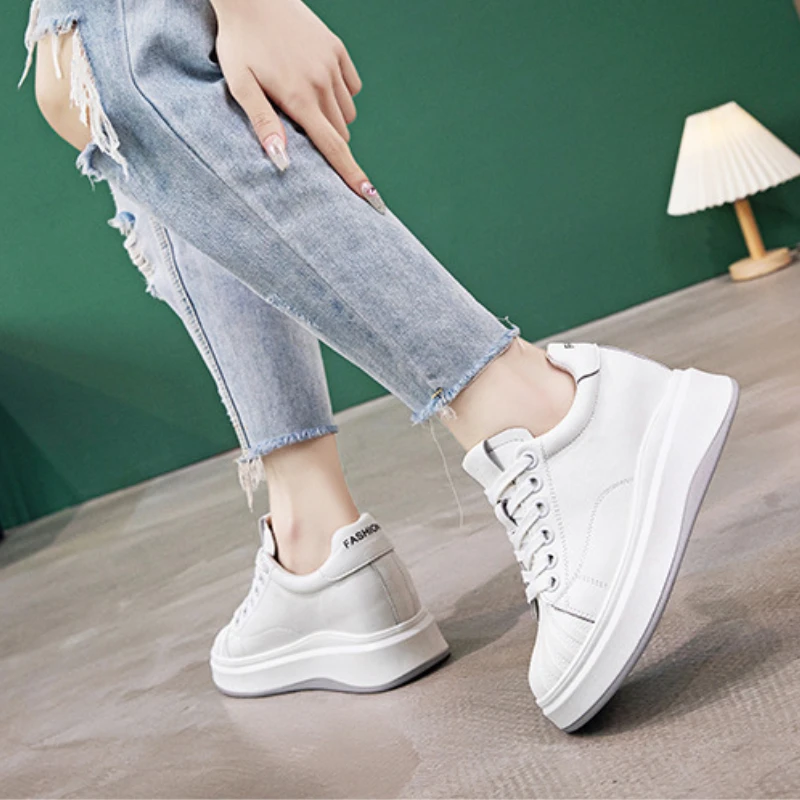 Fujin 8cm New Platform Genuine Leather Chunky Sneaker Casual Hidden Heels Spring Summer Autumn Comfy Breathable High Brand Shoes