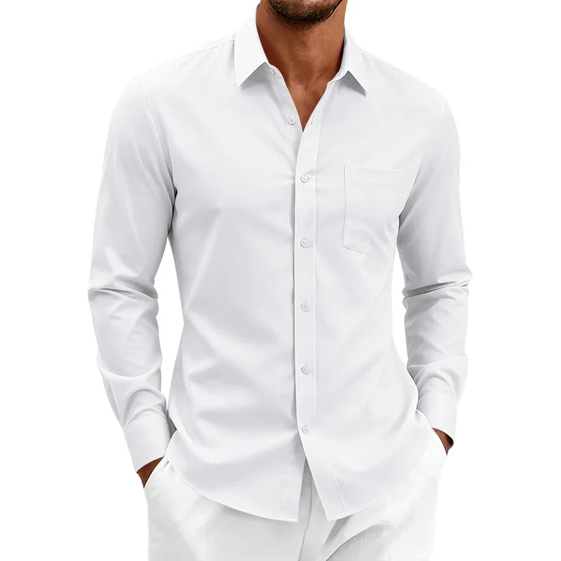 Men's Loose Casual Business Solid Color Commuter Non-ironing Long Sleeve Lapel Button-Up Shirt