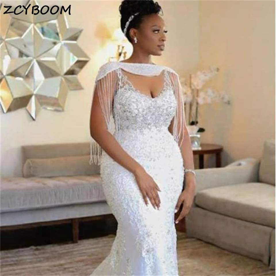 

Elegant Sleeveless Beading Tassel Sequin Mermaid Wedding Dresses For Women 2024 Detachable Sleeves Court Train Vestidos De Noiva