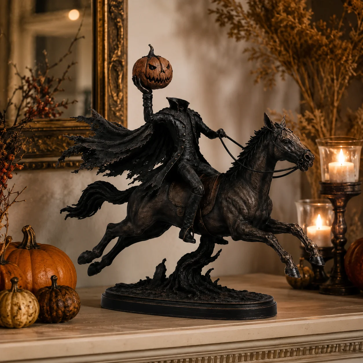 22cm Headless Horseman Resin Statue Halloween Pumpkin Knight Figure Sculpture Home Desk Room Decoration Ornament Gift view 2