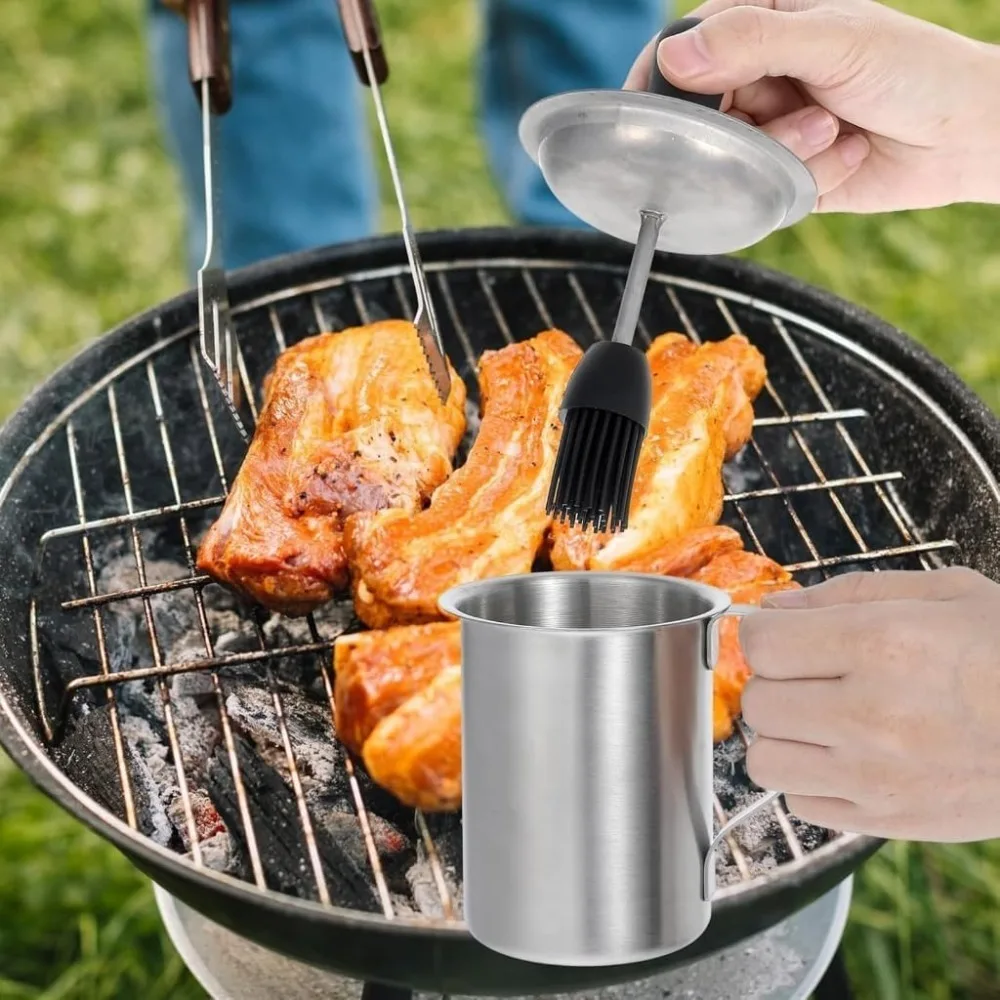 Juego de ollas para rociar de acero inoxidable portátil, tapa a prueba de herrumbre y polvo, bote para rociar salsa con cepillo, olla de aceite para barbacoa, Chocolate