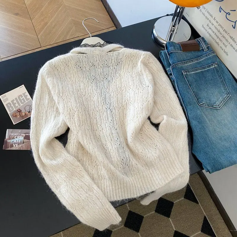 Dames gebroken wit V-hals kant patchwork mohair vest trui vintage jaren 2000 Y2k gebreide kleding lange mouwen kasjmier trui herfst