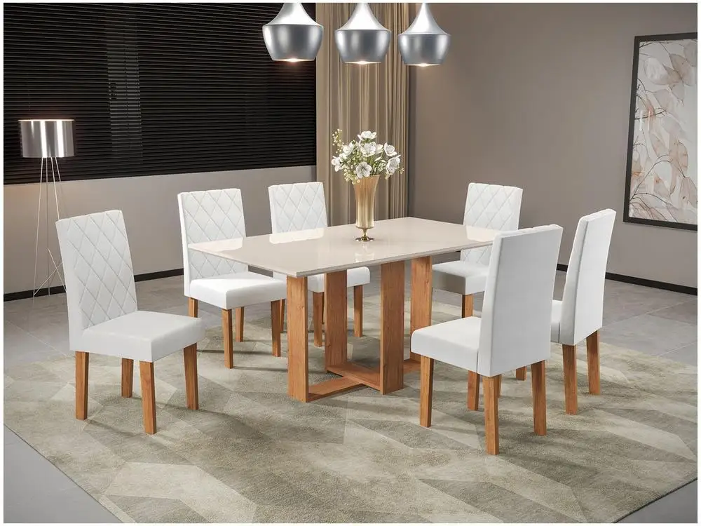 Dining Table 6 Chairs Rectangular Honey/Linen Ice Viero Furniture Alicia