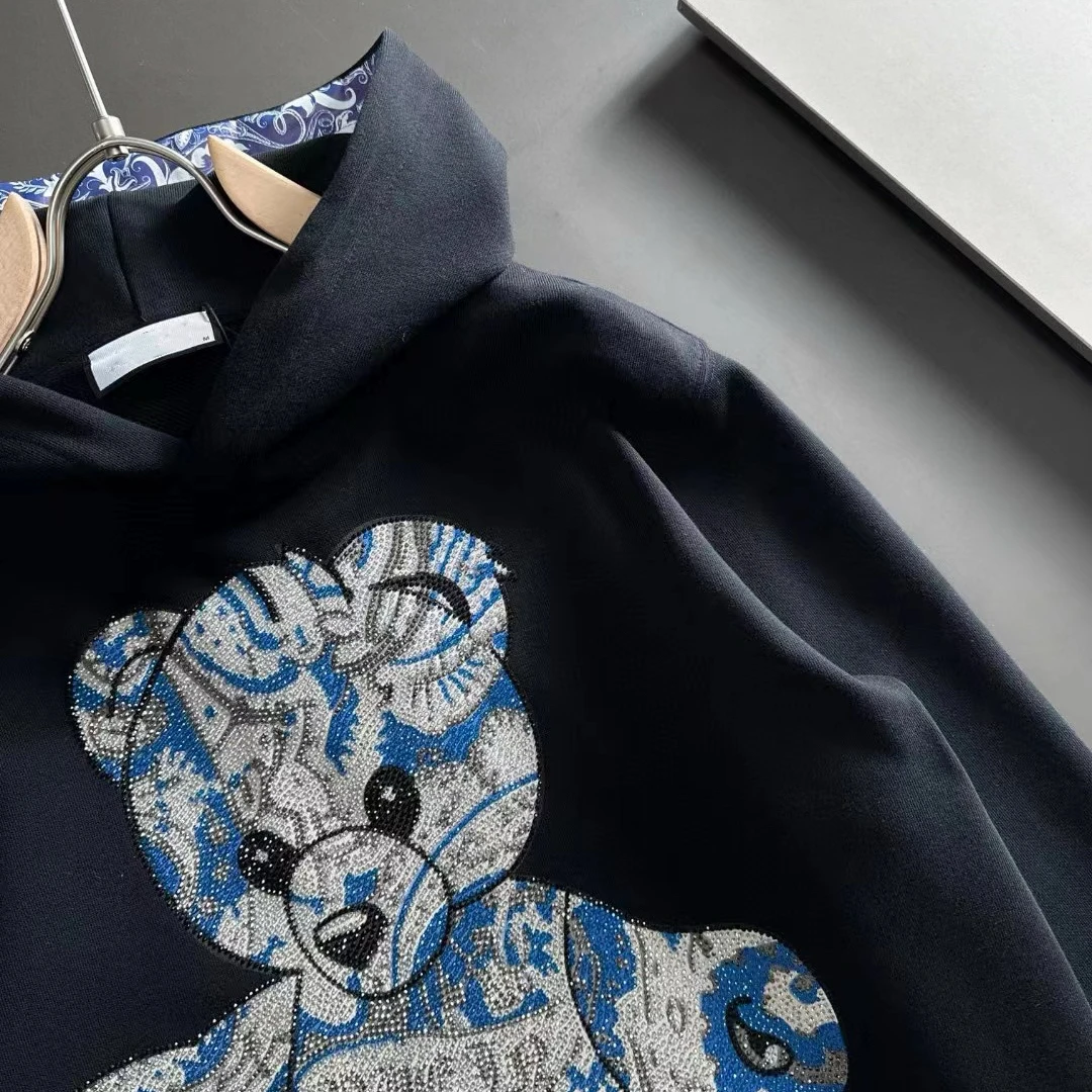 AlexPlein Bear Rhinestones busana pria 100% baju katun Hoody 2024 Musim Semi Streetwear Hip Hop berlian mewah pakaian pasangan