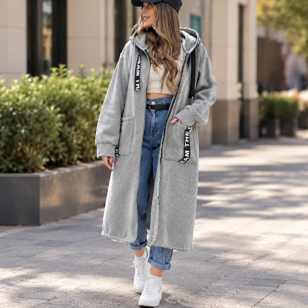 Zipper Casual Coat Mid Length Commuter Chic with Long Sleeve Regular Fit Medium Weight Patchwork Hooded Women Autumn Jacket
