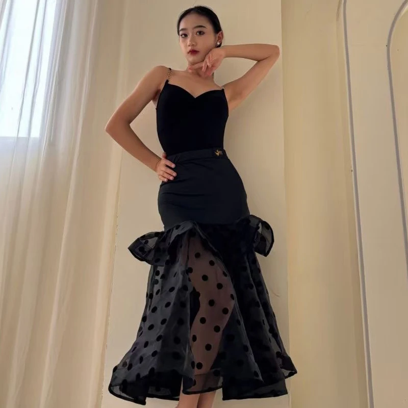 Modern Dance Dress Black Split Suit Suspender Top Double Layer Fishbone Skirts Suit Waltz Ballroom Dance Dress Women DN18206