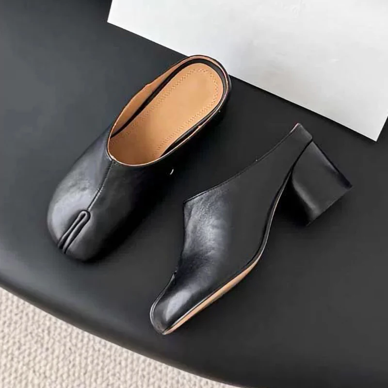 Tibi Split Toe Shoes Womens High Heels Genuine Leather Sandals Black Sandals Peeptoe Slippers Sheepskin Luxury Footwear