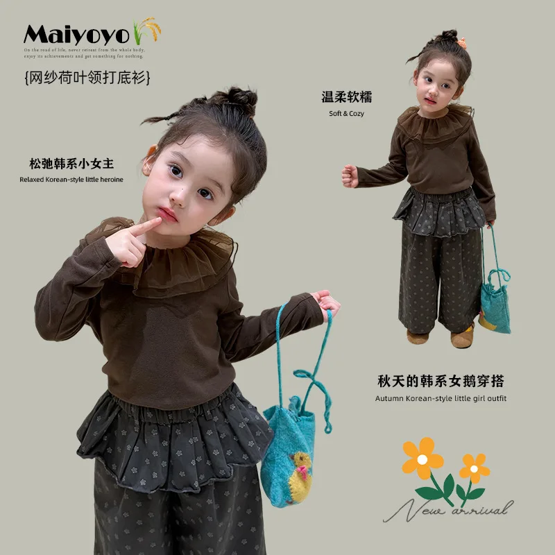 New Gentle Little Princess Single Item for Children Clothing Korean Style Atmosphere, Mesh, Lotus Leaf Collar Girls Base Shirt