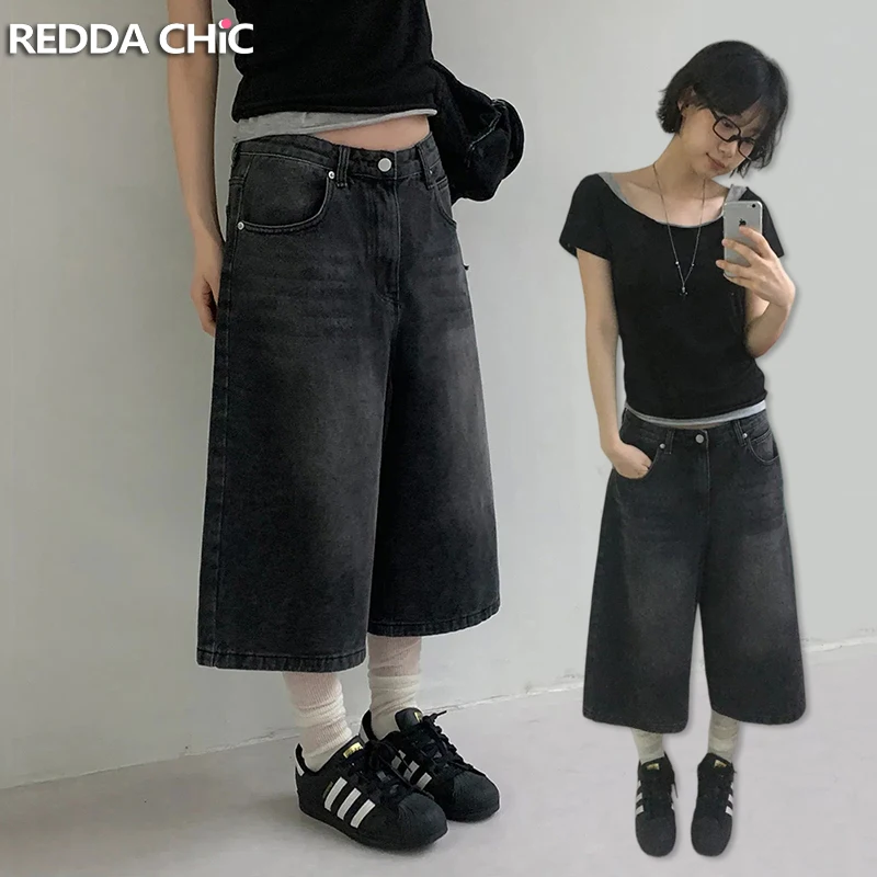 

REDDACHiC Plus Size Women's Jean Shorts Boyfriend Solid Black Do Old Cleanfit Wide Leg Bermuda Pants Skater Casual Streetwear