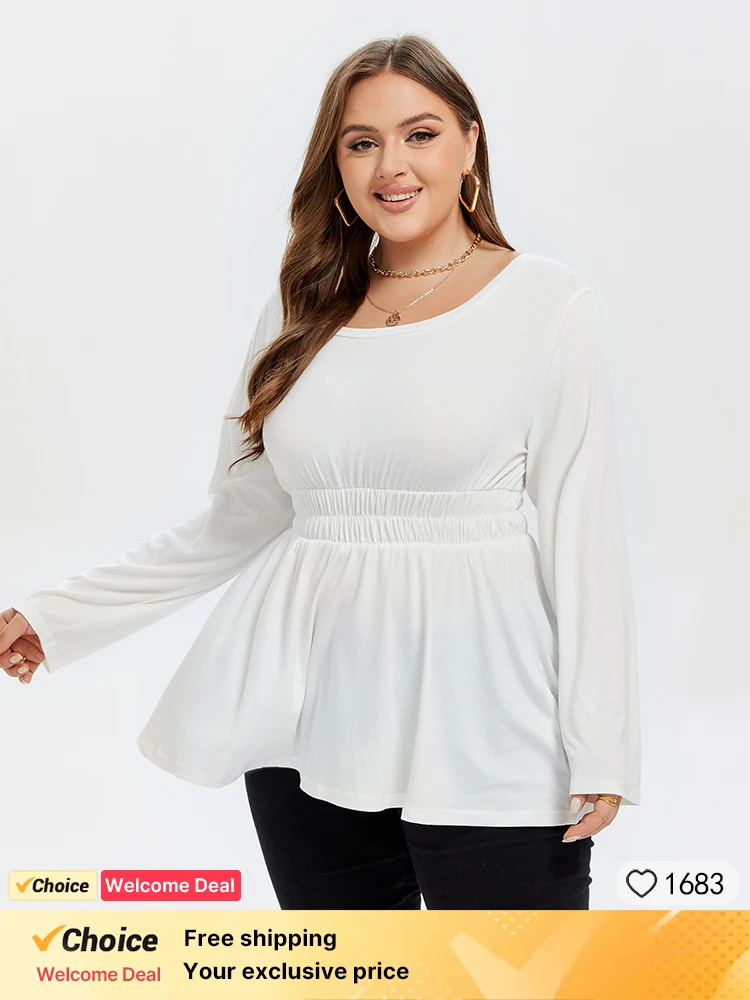 Plus Sized Clothing Women's Solid Peplum Hem Tops Elastic Waist  Long Sleeve Tee Pullovers Scoop Neck A-line Shirts Blouse