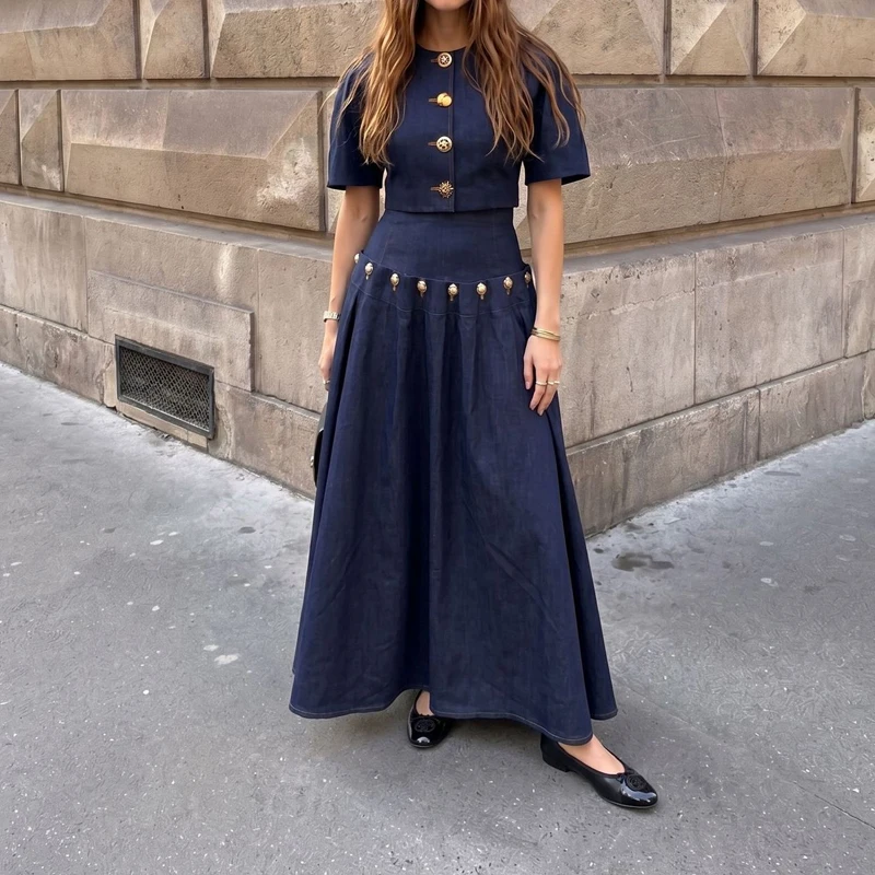 

Summer Boho Suit Vintage Solid Casual Streetwear Set for Women Spring O Neck Short Sleeve T-shirt & High Waist Maxi Skirt Outfit