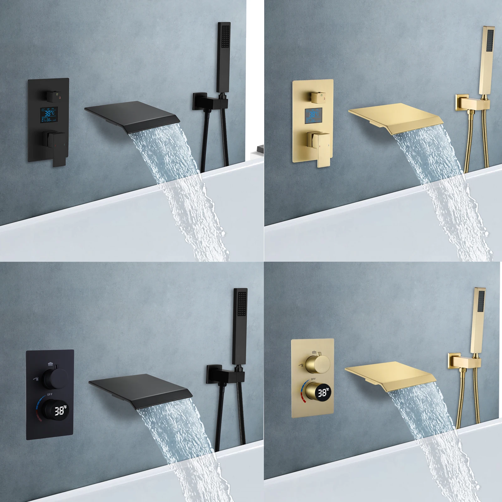 

Floor Stand Bathroom Shower Faucet with Hand Shower Digital 2 Function Brushed Gold Finish Waterfall Bathtub Faucet