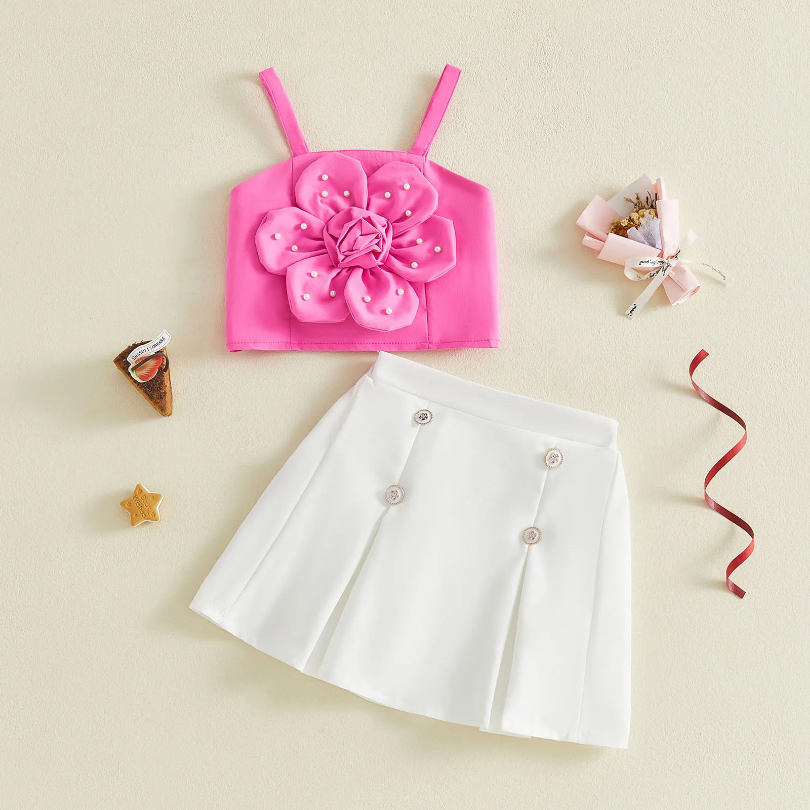 2-7Y Fashion Girls Summer Outfits Pearl 3D Flower Camisole Mini A Line Skirt 2 Pcs Set Children's Sets Streetwear