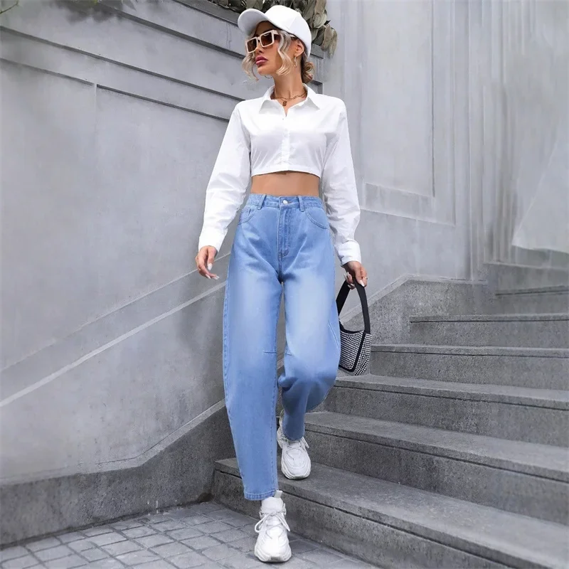 

Women's Spring Summer Mom Denim Pants New Fashion High Waisted Pockets Casual All-match Straight Leg Jeans
