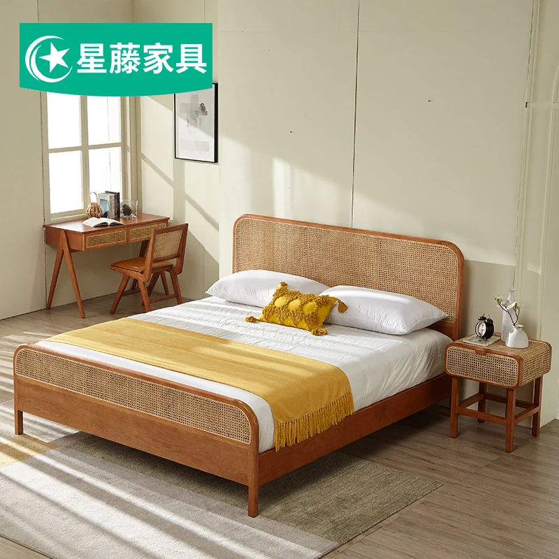 Bedroom Furniture Cane Double Bed Frame King Queen Size Natural Rattan Wicker Bed