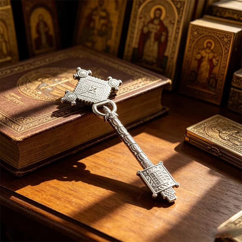 

Antique Silver Plated Orthodox Hand Blessing Cross with Carved Relief for Priest Liturgy Home Altar Religious Decor Gift