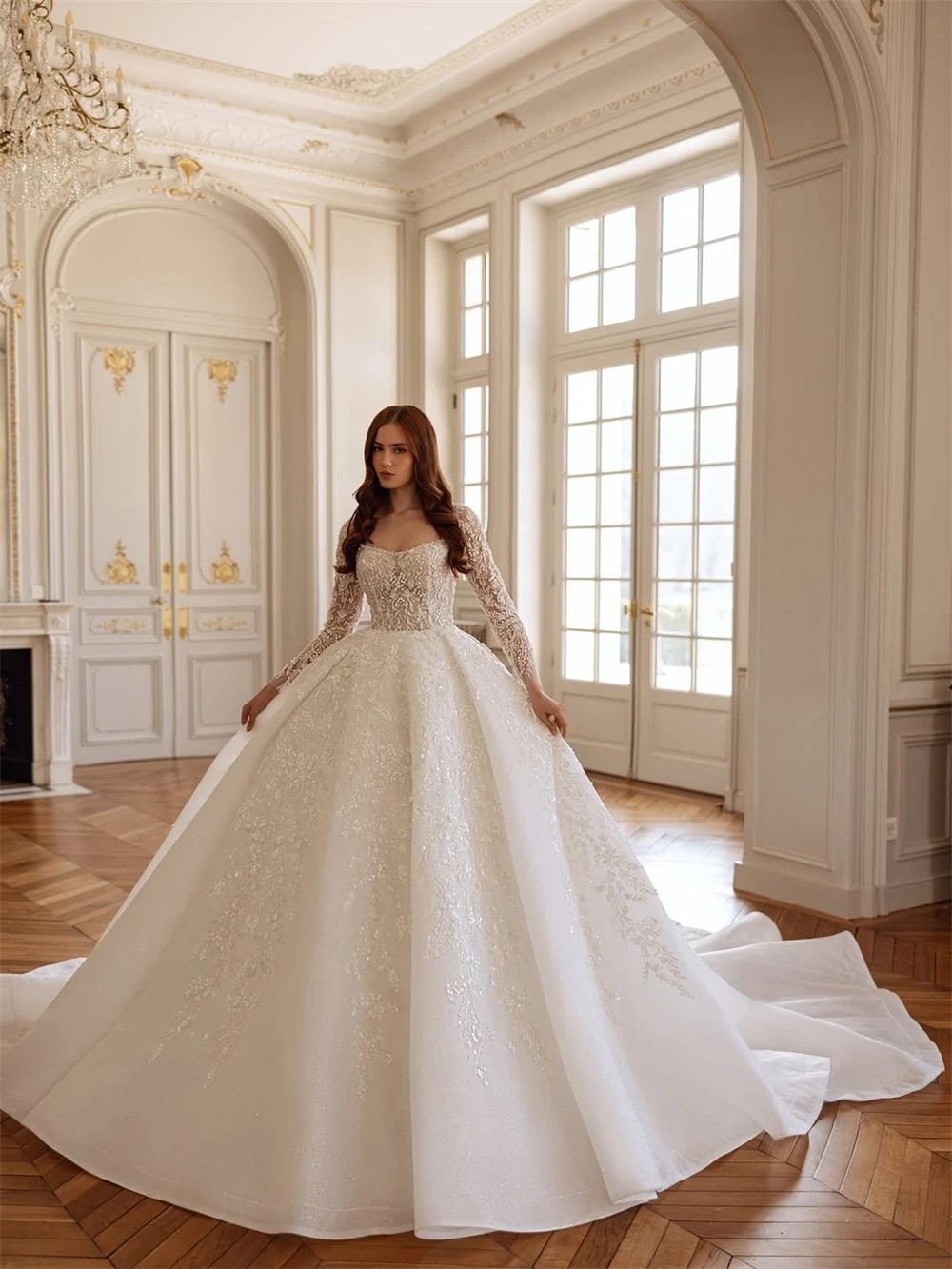 

Customized Elegant White Organza Wedding Dress Boho Sweetheart Long Sleeves Bridal Gowns SexyA-Line Chapel Train Robe de mariée