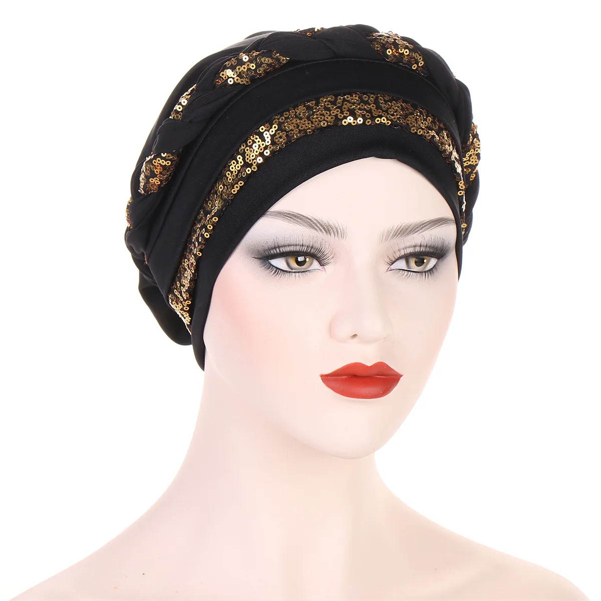 Fashion Hijabs for Women Braid Decor Muslim Turban for Female Elegant Sequin Bonnet Cap Elastic Head Scarf for Woman Headcover