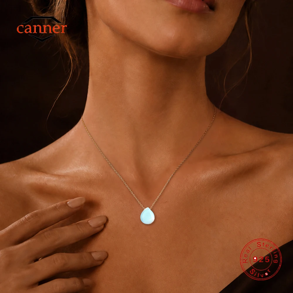 CANNER 1PC 925 Sterling Silver Dainty Teardrop Moonstone Pendant Necklace 18K Gold Plated Cable Chain Minimalist Choker Necklace