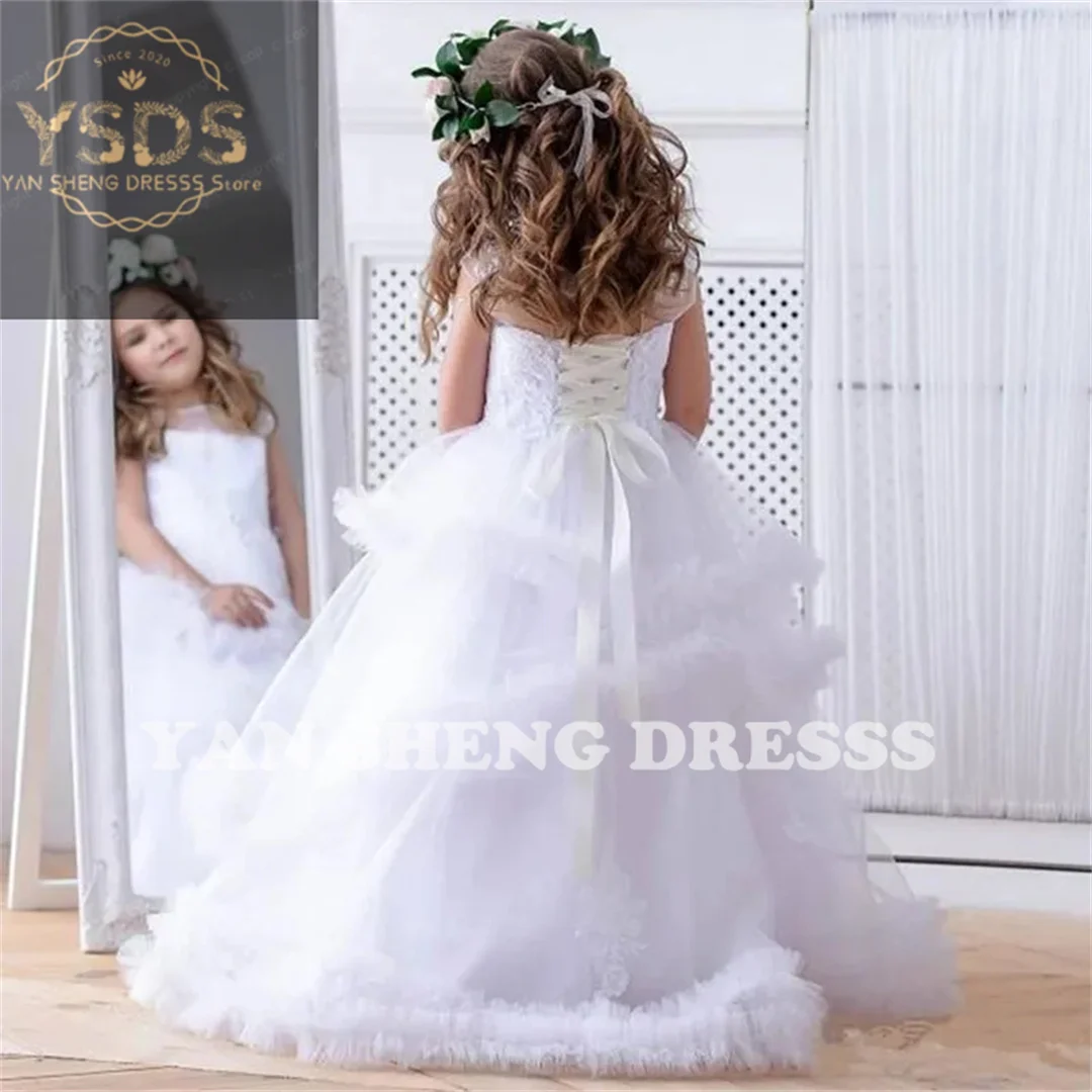 Elegant White Flower Girl Dresses for Wedding Lace 3/4 Long Sleeves Hollow Back First Communion Dresses for