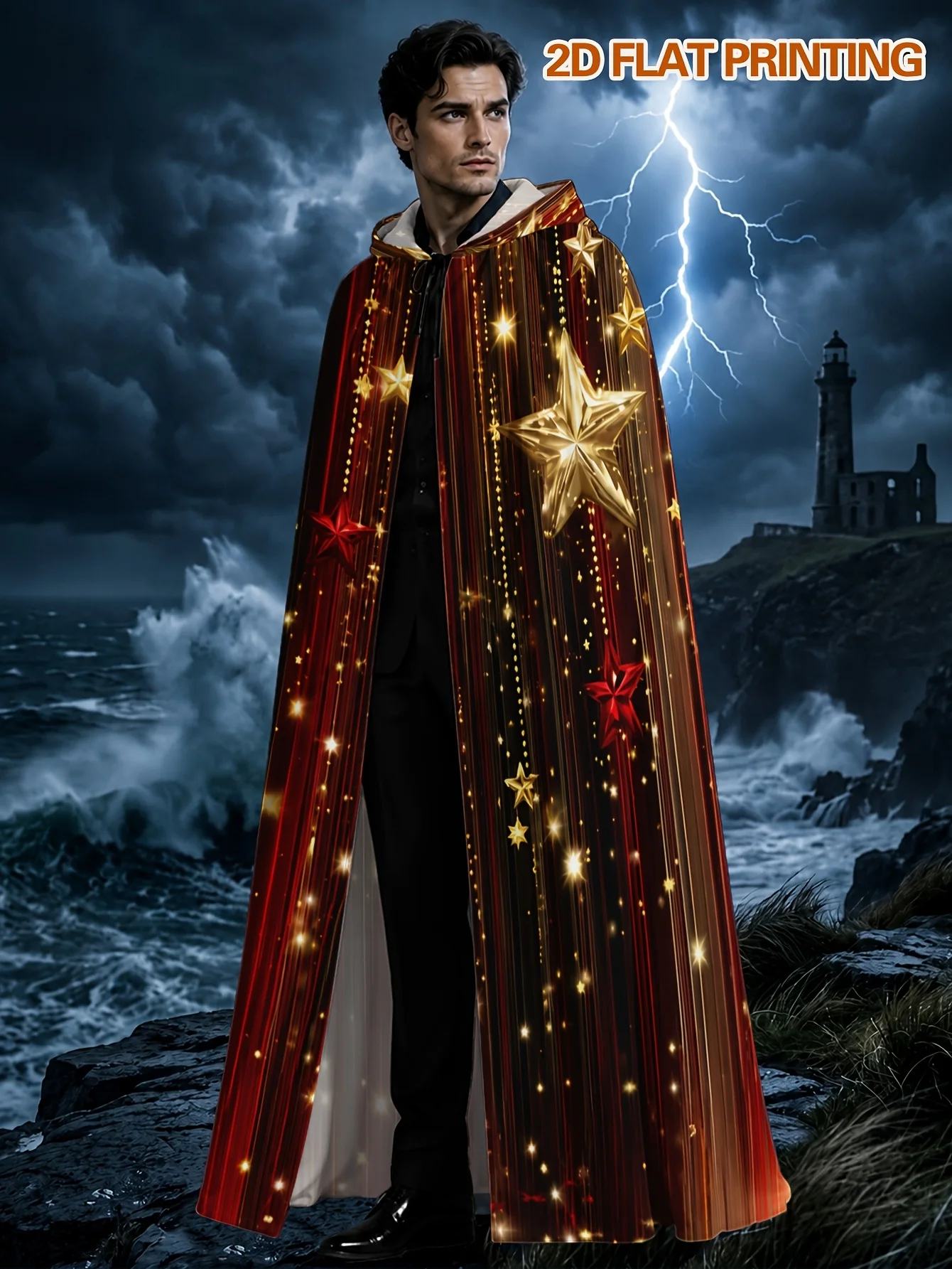 1pc Polyester Holiday Costume Robe with Christmas Golden Red Star Streamers Print, Hooded Adult Cloak for Halloween