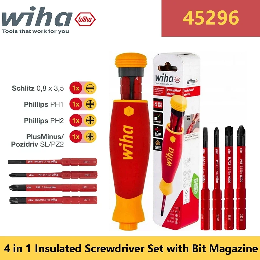 WIHA 45296 4 in 1 Insulated Screwdriver Set with Bit Magazine for Phillips Slotted Pozidriv Screw 1000V Insulated Screwdrivers