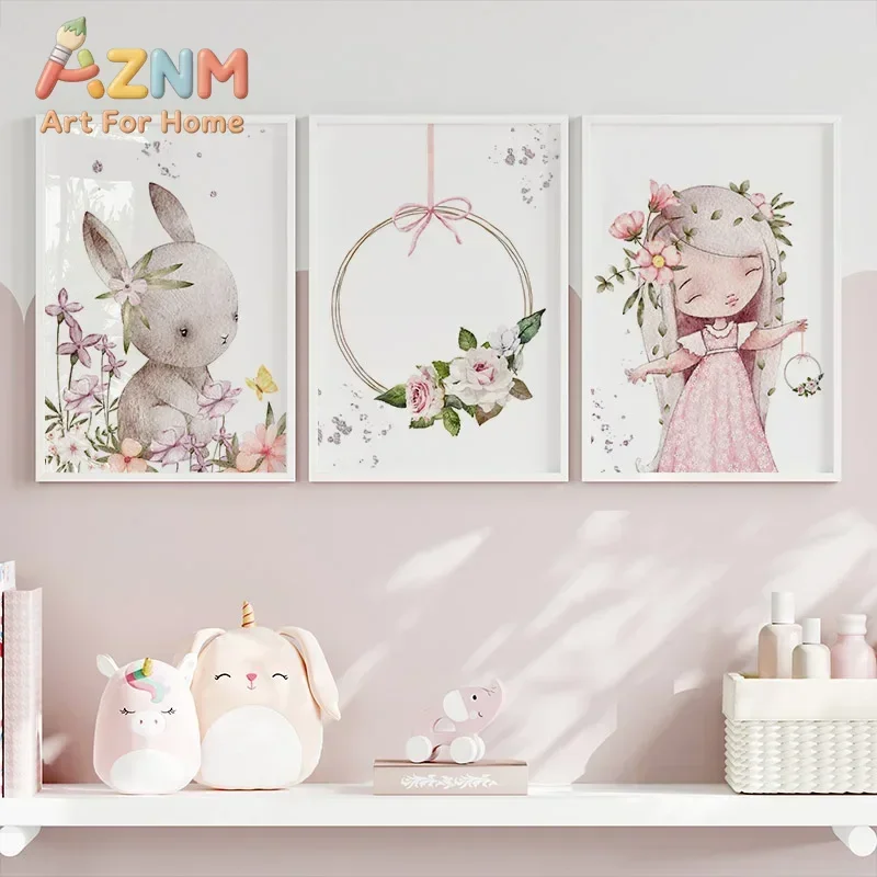 Multi-size 1PC frameless high-definition decorative paintings,Wall Art Canvas Painting Princess Girl Rabbit Moon Swing Cartoon N
