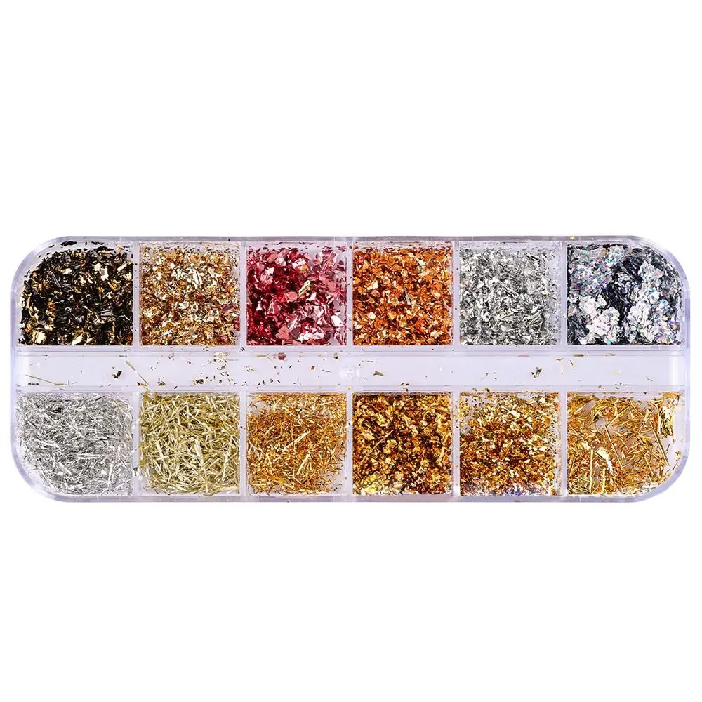 Holographic Nail Glitter Gold Foils 12 Grids Ultra-Thin Nail Glitters Sequins Sparkly Aluminum Foil Nail Art Flakes DIY Manicure