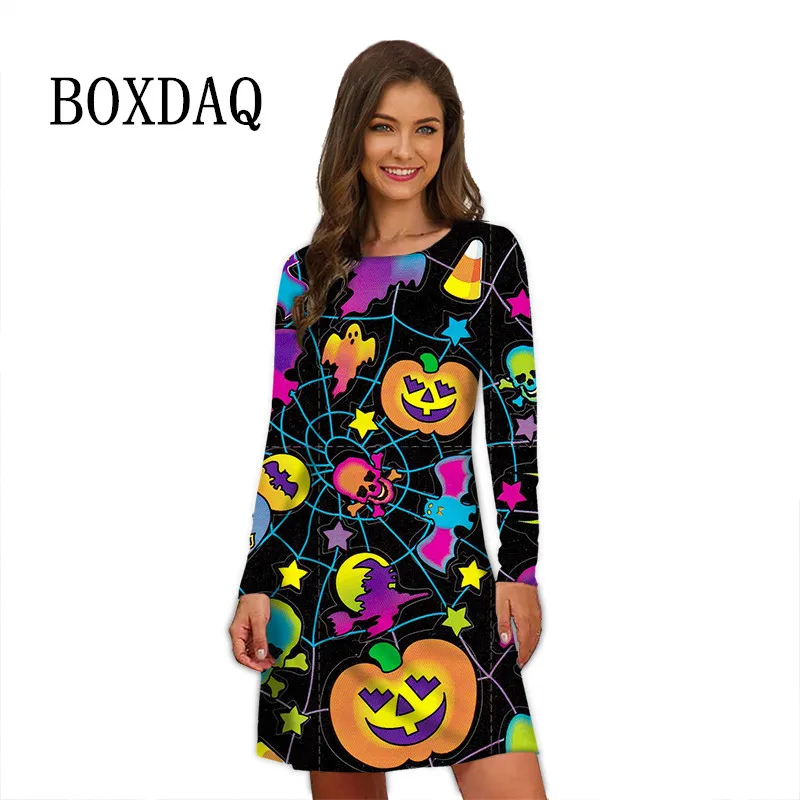 Cartoon Pumpkin Print Dress Women Winter Halloween Party Dress Long Sleeve Casual Cute Mini A-Line Dress Plus Size Loose Clothes