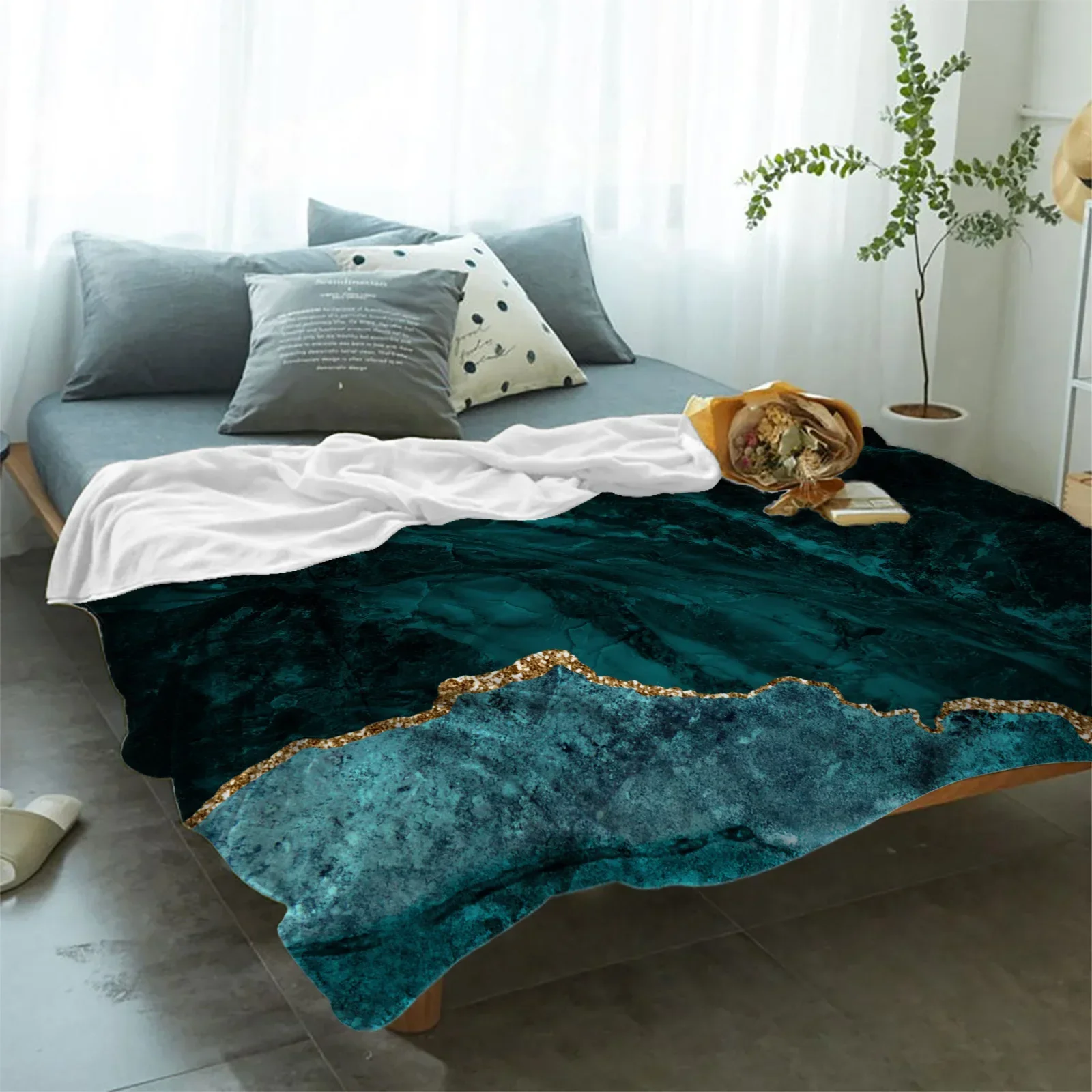 Beautiful Teal Marble Pattern Flannel Blanket Warm Soft Sofa Blanket Winter Sheet Bedspread Camping Travel Blanket