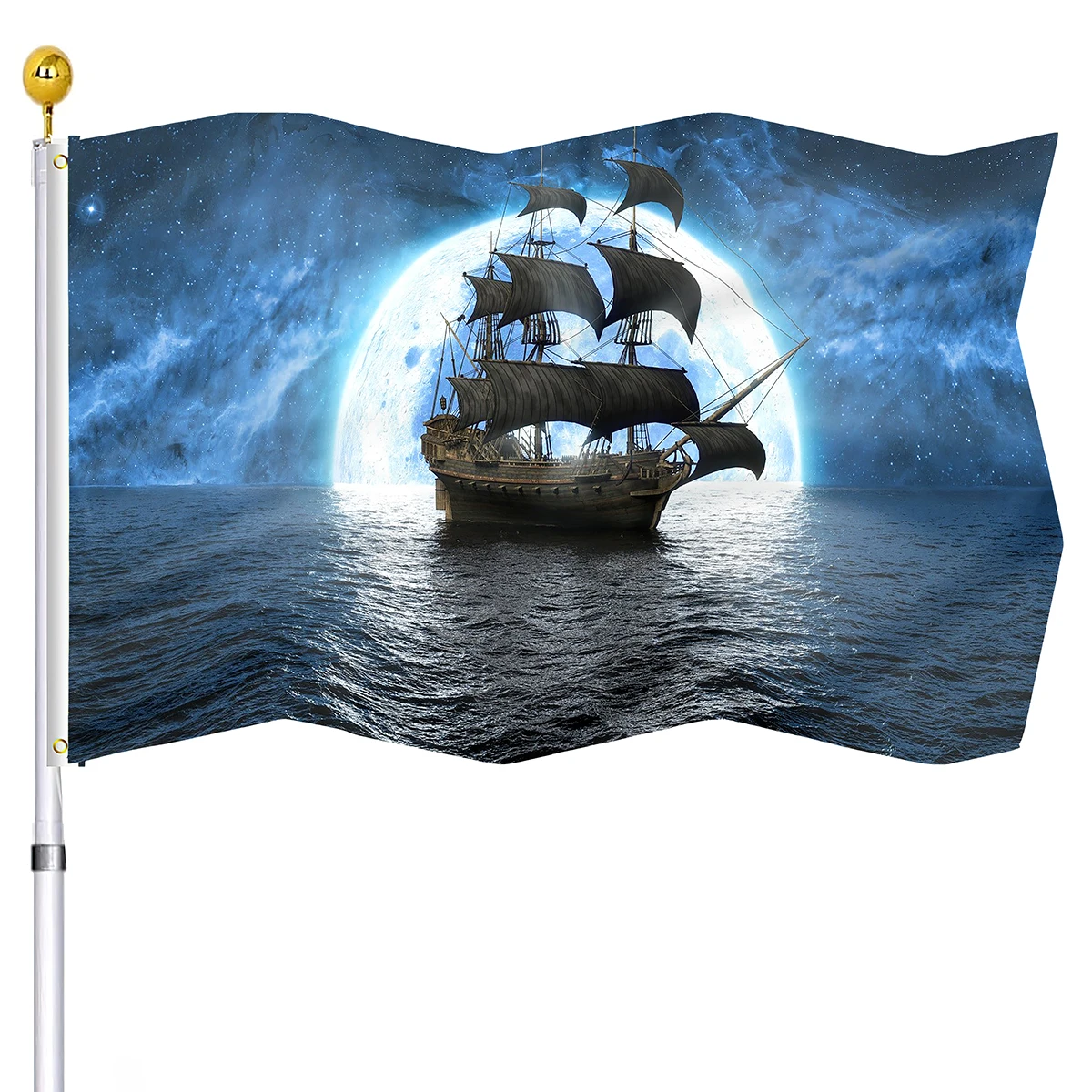 Pirate Boat Flag Sailing Ships and Huge Blue Planet At Mystic Galaxy Night Flags Banners with Brass Grommets College Dorm Decor