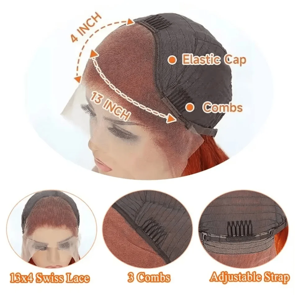 350 Ginger 13x4 HD Transparent Lace Front Wigs Human Hair Orange Colored Body Wave Lace Front Wig For Women 350 Color Wig Free Part Realistic Looking 30 Inch view 8