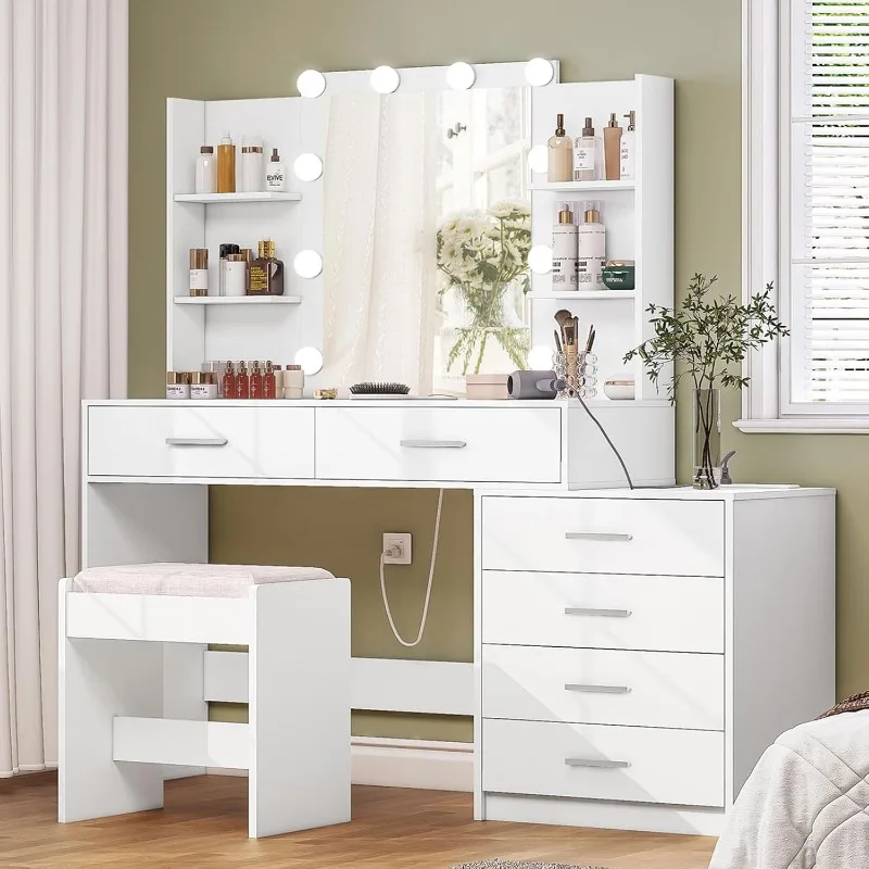 Vanity Desk with Mirror & Lights, Makeup Vanity with 6 Drawers, 6 Open Shelves and Power Outlet, 48” Storage Makeup Vanity Desk