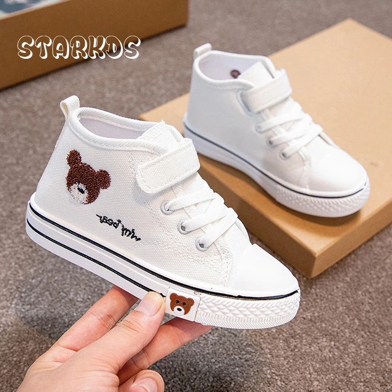 

Classic High Top Canvas Sneakers Boys Cute Bear Embroider Vulcanized Shoes Girls Brand Design School Sport Flat Tennis Footwear