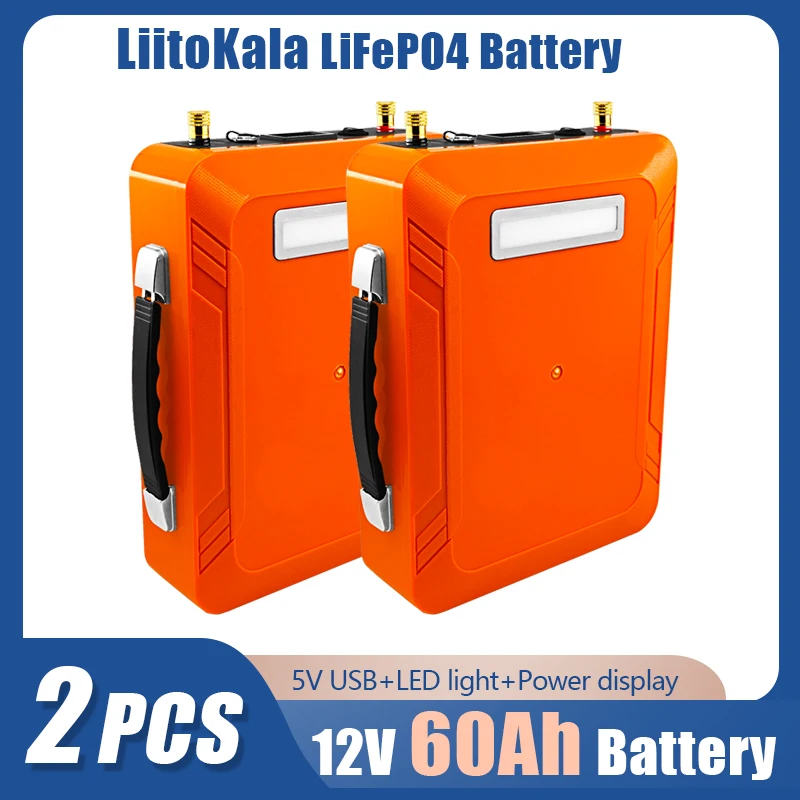 

2pcs LiitoKala 12v 60Ah LIfepo4 Battery Pack with LED 5v USB for solar light outdoor camping storage battery UPS inverter