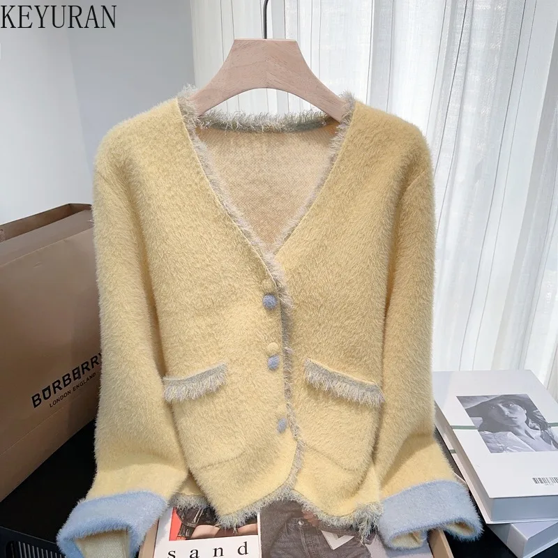黄色のルーズセータージャケット女性のための秋冬韓国 V ネック長袖ミンクファーニットカーディガンコートアウタートップス