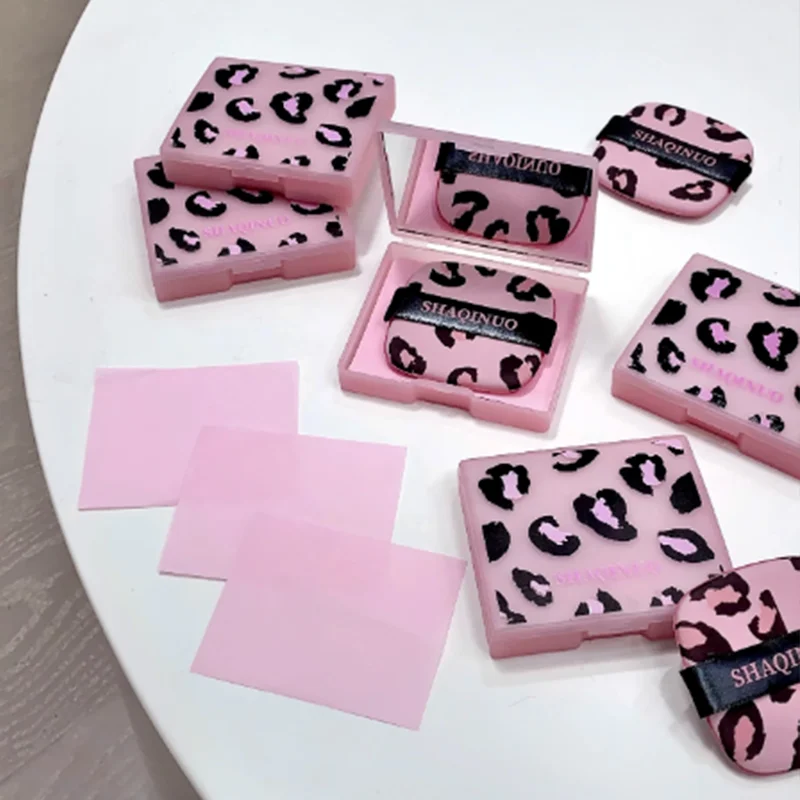 100 Sheets Pink Leopard Print Facial Oil Absorbing Paper Portable Storage Box with Mirror Beauty Tool