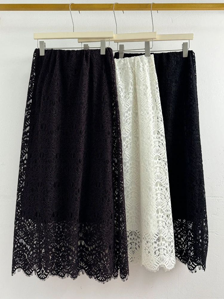 

Women’s Fleece-Lined Lace Patchwork Embroidered Midi Skirt Elegant Office Slim-Fit Skirt for Fall Winter