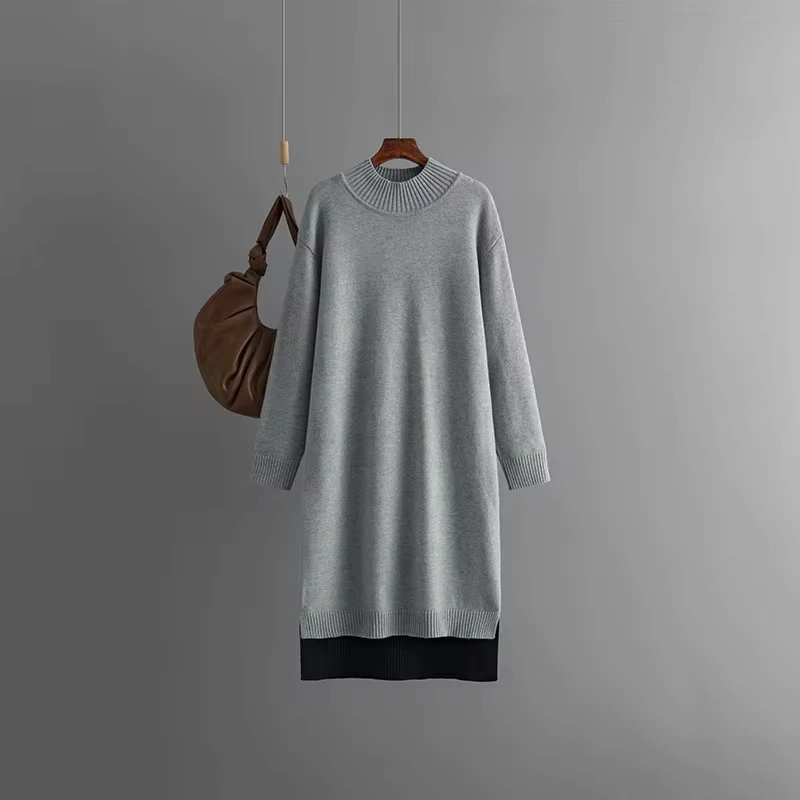 

Women's Solid Color Casual Trendy Half High Collar Long Sleeve Knitted Mid Calf Length Dresses Autumn Winter New Fashion Clothes