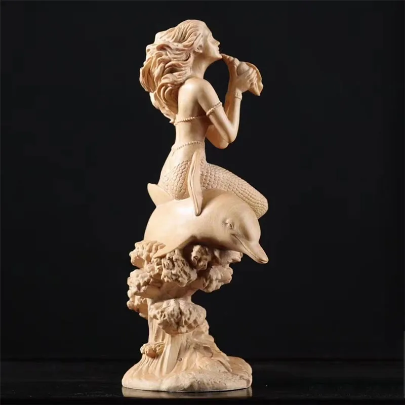 18X9X6.5CM Beautiful Girl Riding Dolphin Hand Carved Boxwood Figurine Carving Pretty Lady Feng Shui Sculpture - #W170