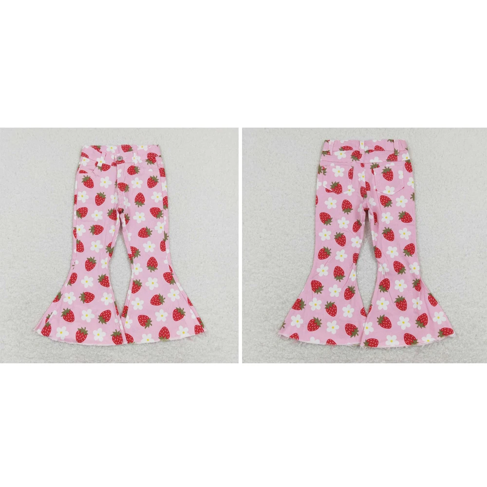 

wholesale hot sale children's clothing western bourique trousers for baby girls clothes Strawberry flower pink denim trousers