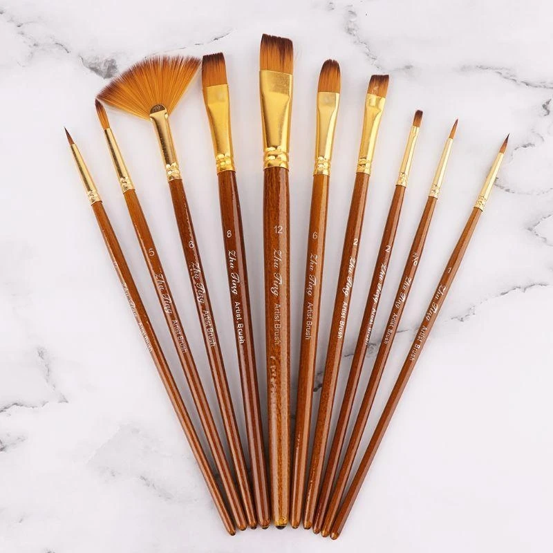 10Pcs Watercolor Paint Brushes Set Nylon Hair Painting Brush Variety Oil A