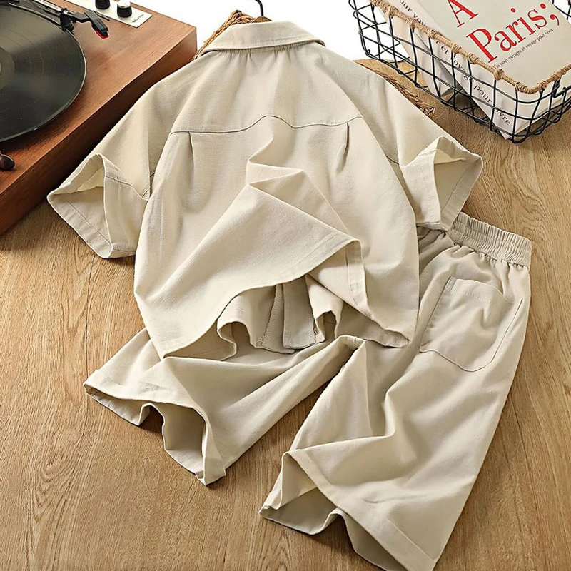IYEAL Boys' Summer Short Sleeved Shirt Set 2026 New Children's Pure Cotton Set Boys' Shirt+Shorts Two-Piece Set